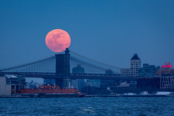 Snow Moon on the Brooklyn Bridge